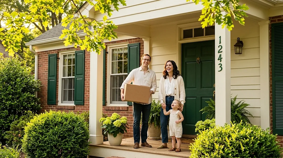 Professional marketing photography of a happy family standing on the front porch of a charming, traditional Southern-style ho