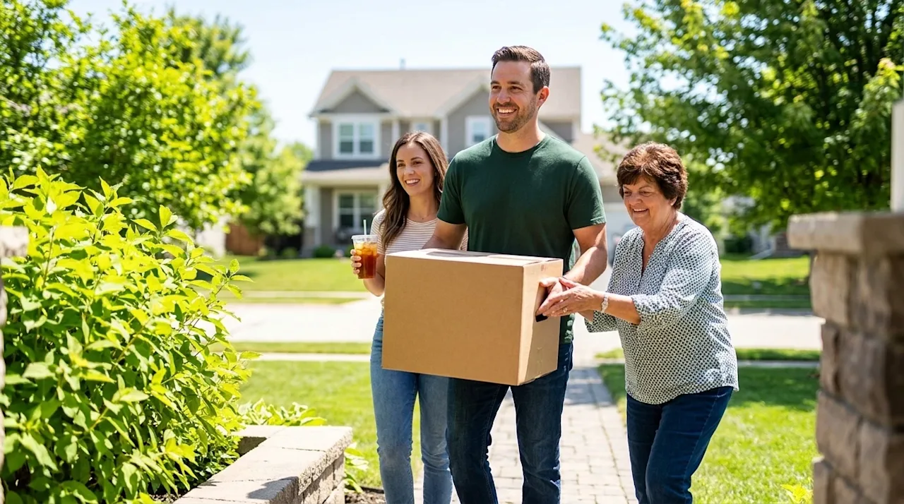 Professional marketing photography of a cheerful family moving into a new home on a bright, sunny summer day. A smiling fathe