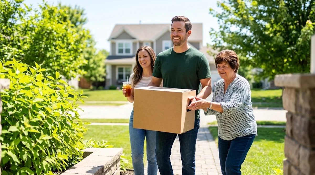 Professional marketing photography of a cheerful family moving into a new home on a bright, sunny summer day. A smiling fathe
