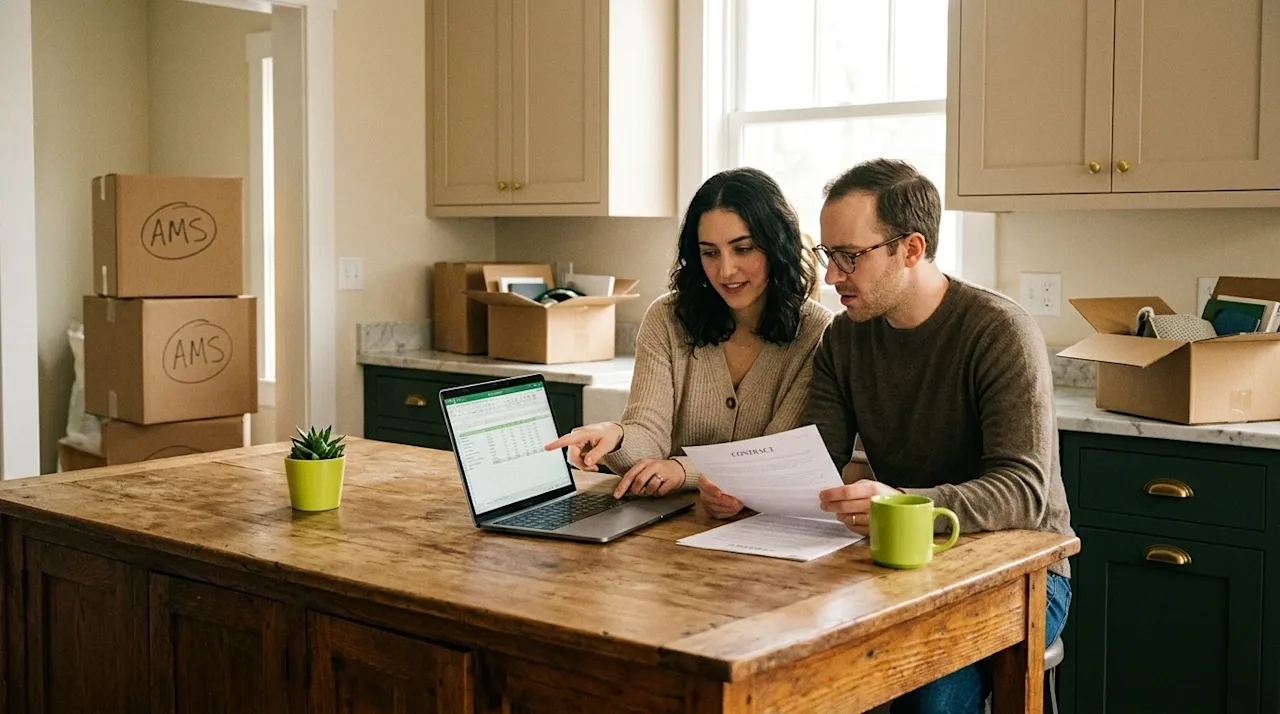 A high-quality lifestyle photograph of a young couple sitting together at a warm wooden kitchen island, engaged in a positive