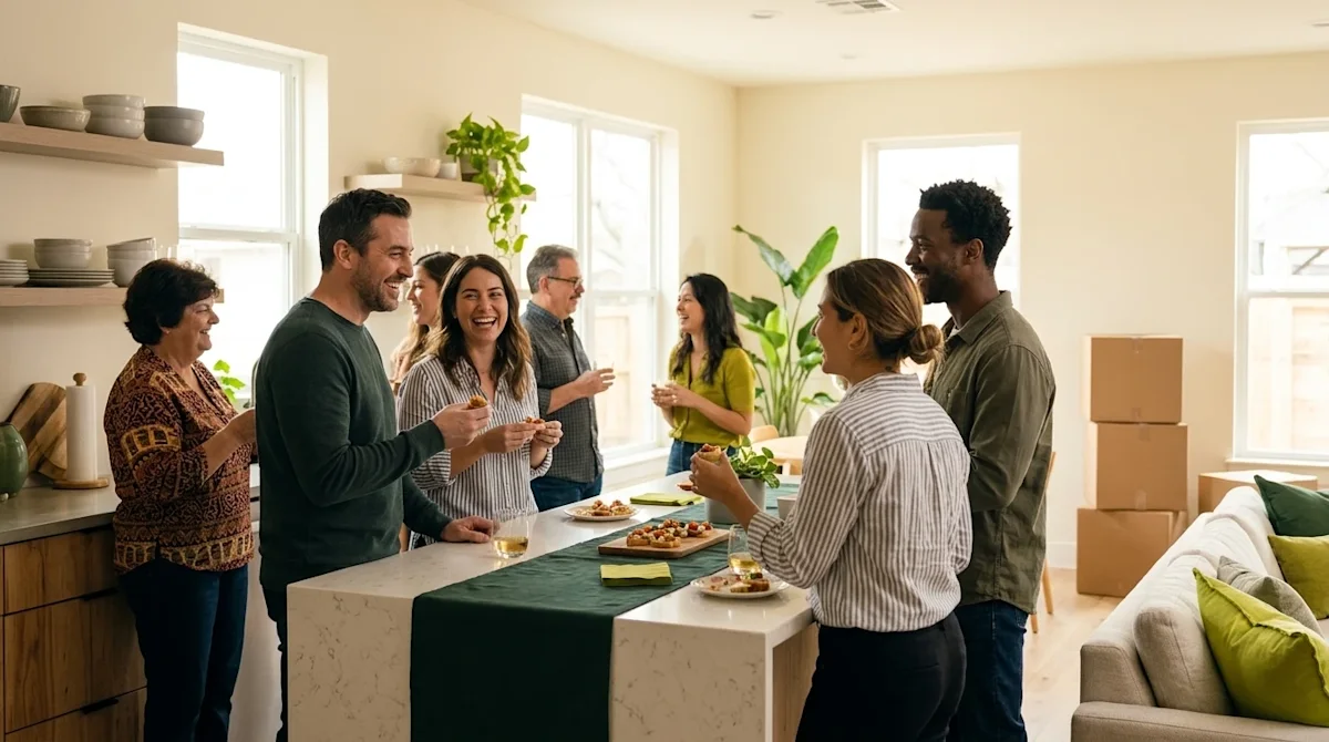 Professional marketing photography of a joyful housewarming party in a bright, inviting new home. A group of friends and fami