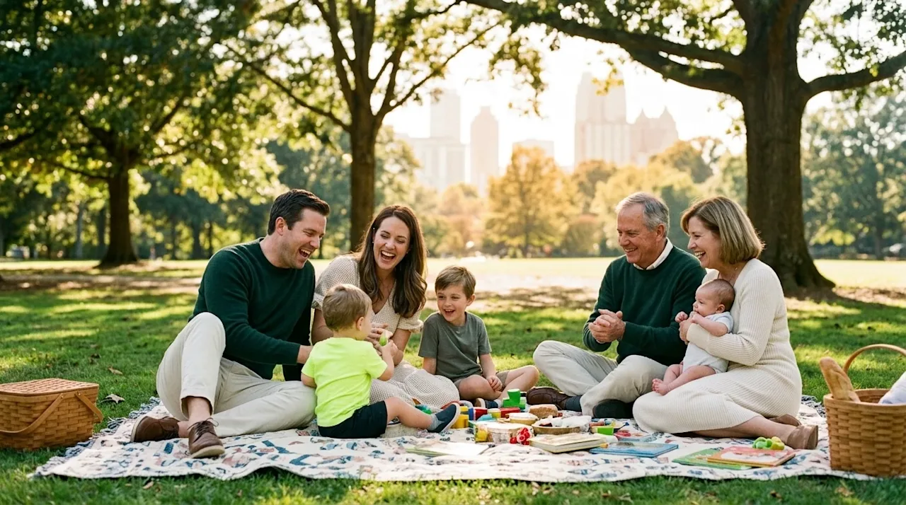 Candid lifestyle photography of a happy family enjoying a sunny afternoon picnic in a lush, vibrant Atlanta city park. The fa