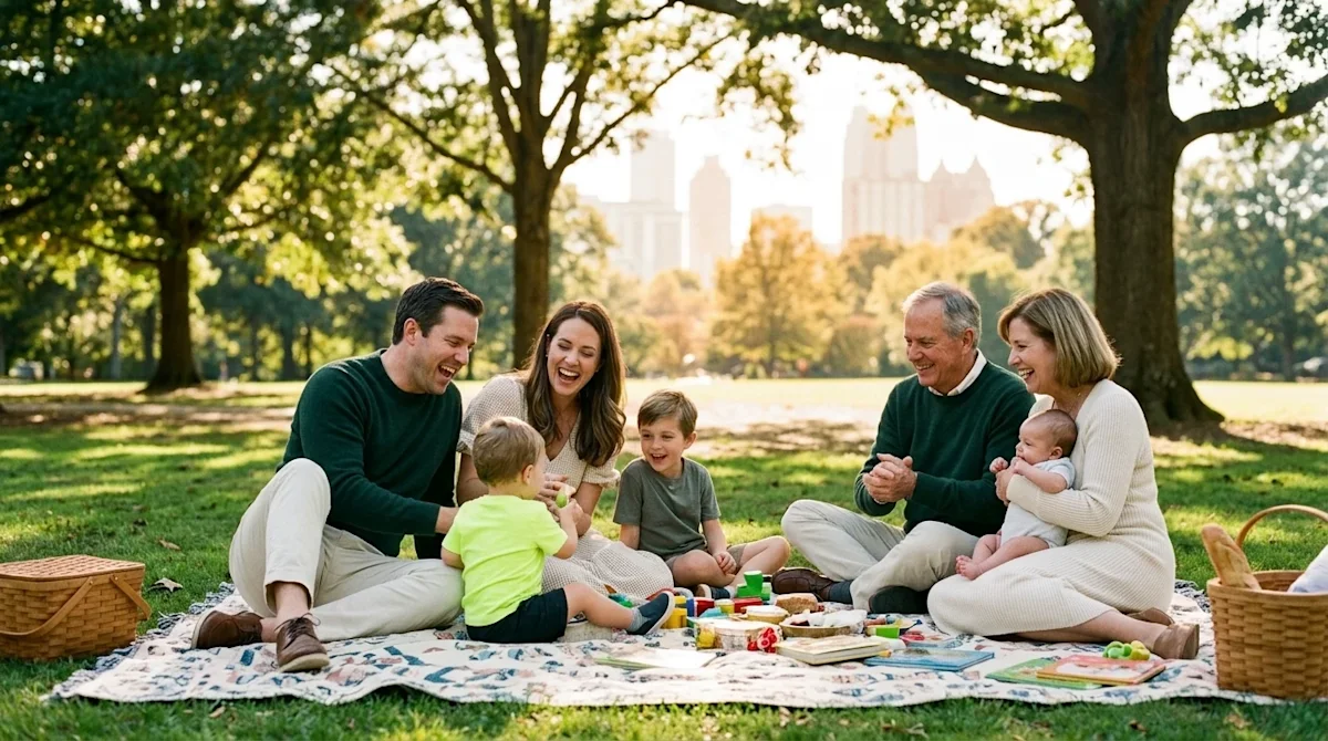 Candid lifestyle photography of a happy family enjoying a sunny afternoon picnic in a lush, vibrant Atlanta city park. The fa
