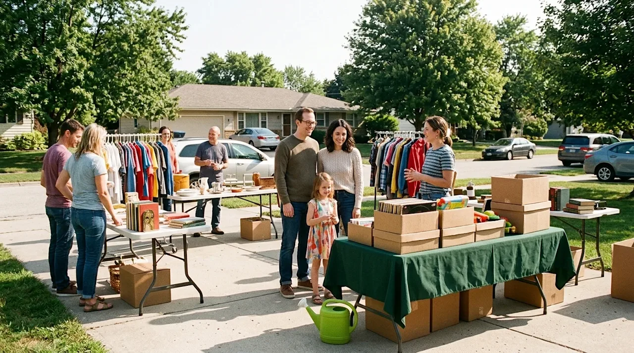 Candid lifestyle photography of a lively, successful neighborhood garage sale in a Midwestern suburban driveway on a sunny da