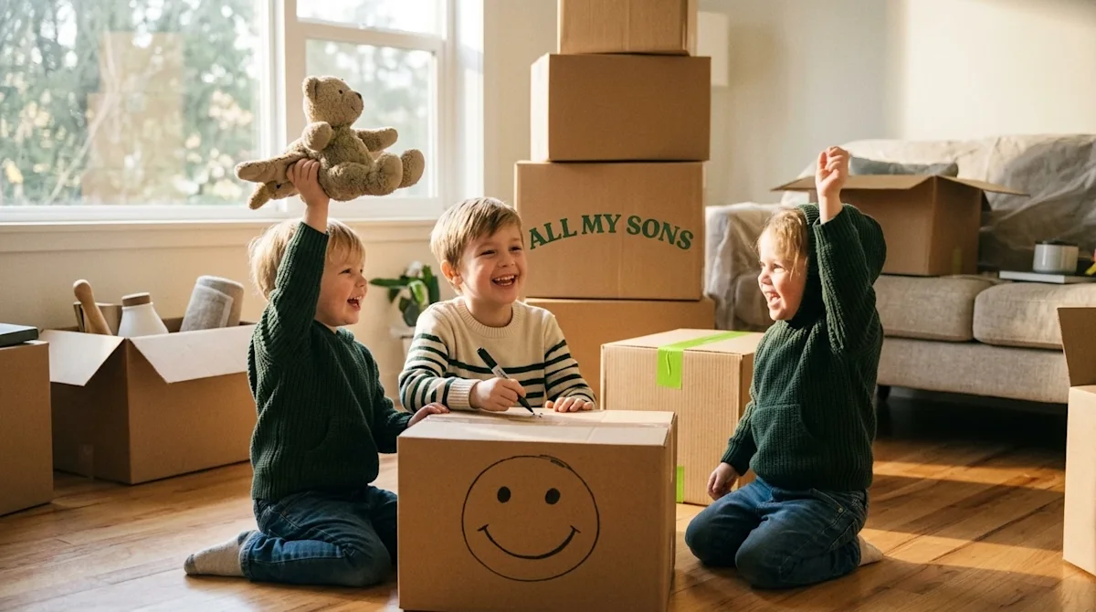 Candid lifestyle photography of two young children sitting on a hardwood floor in a warm, sunlit, partially packed living roo