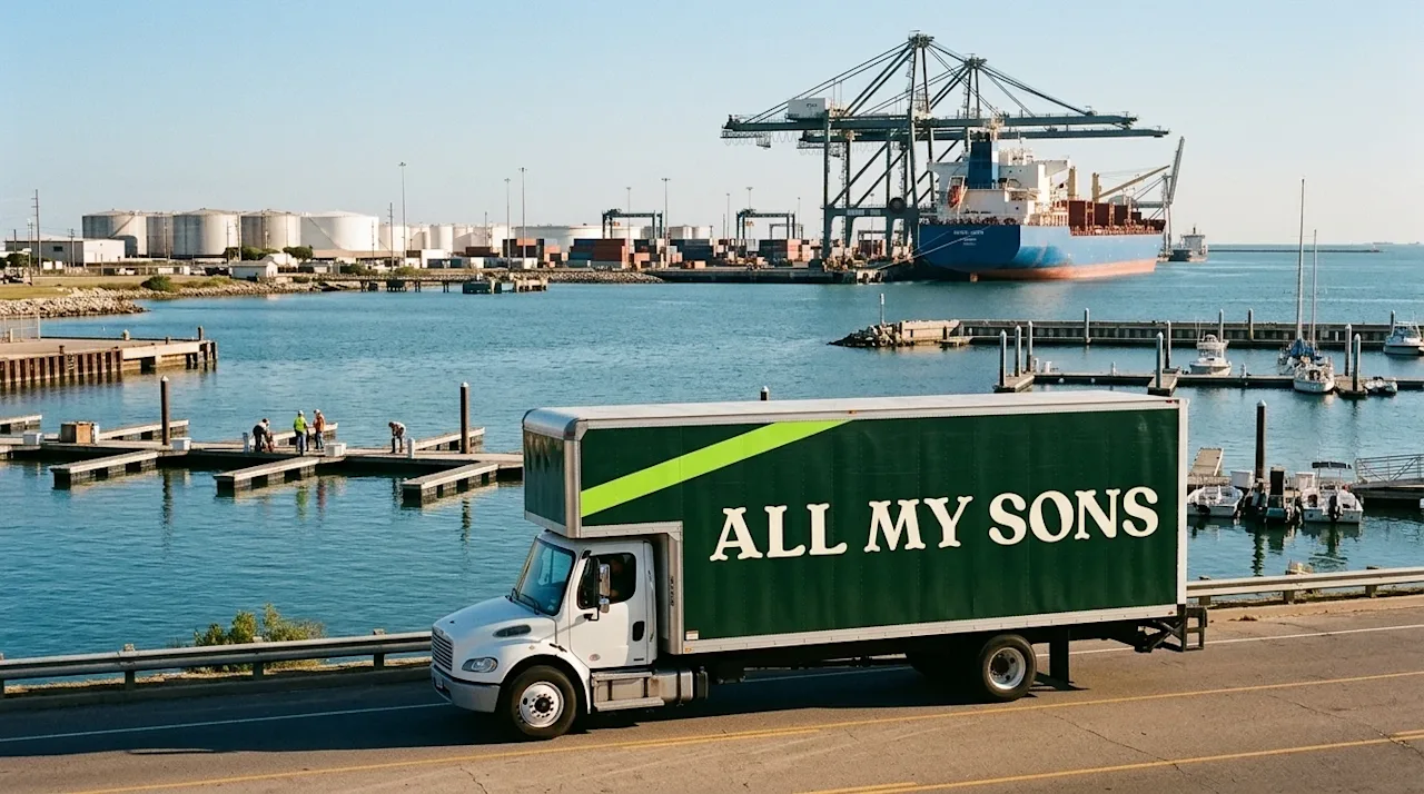 A cinematic, high-quality photograph of the Port of Corpus Christi on a warm, sunny afternoon. In the foreground, driving alo
