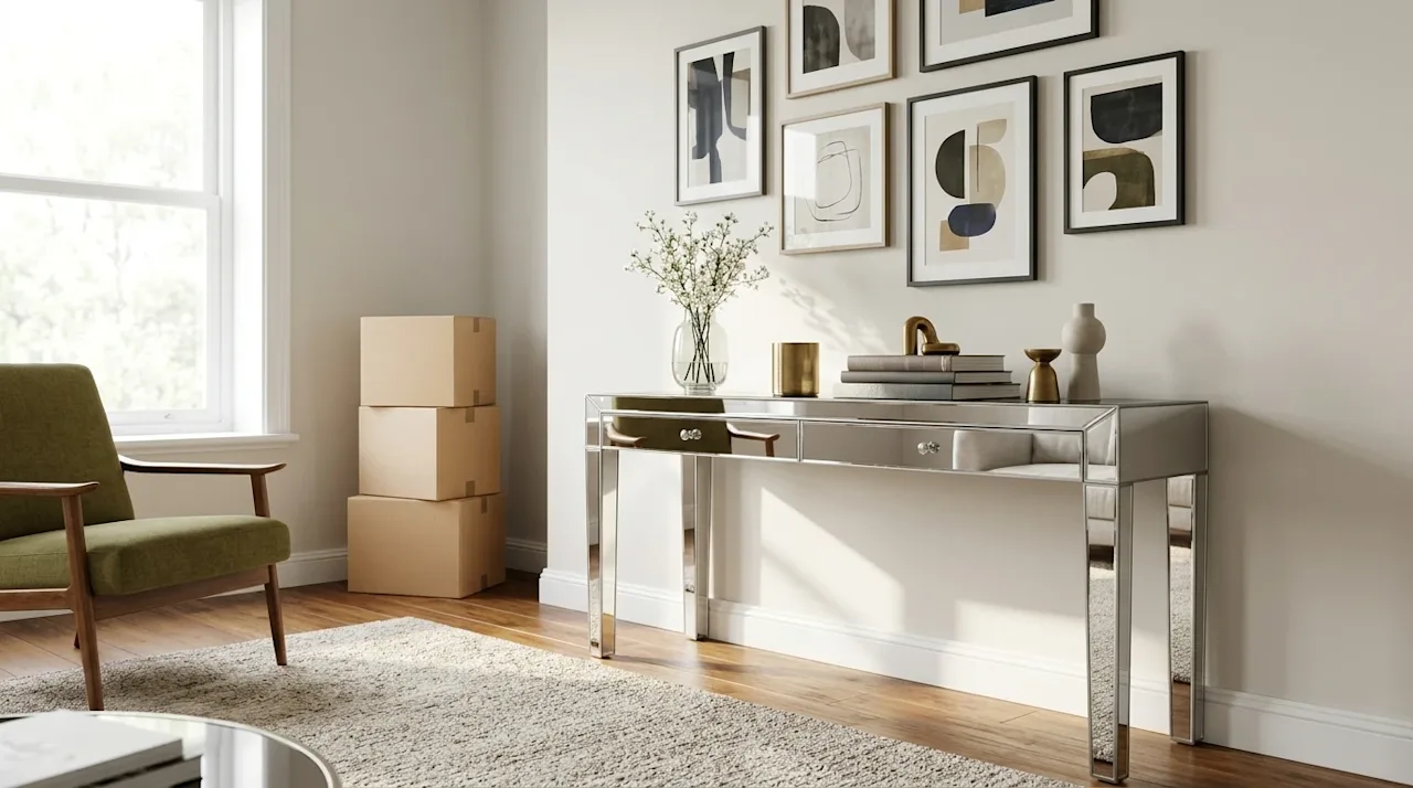 High-end interior photography of a beautifully styled, modern living room featuring elegant mirrored furniture. A sleek mirro