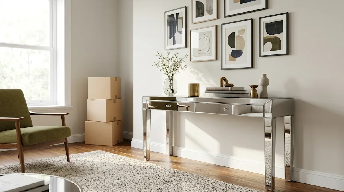 High-end interior photography of a beautifully styled, modern living room featuring elegant mirrored furniture. A sleek mirro