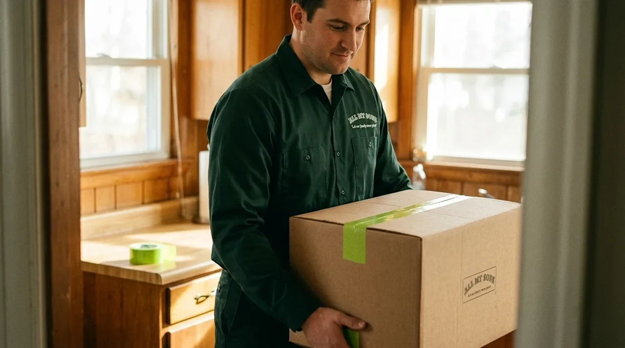 A candid lifestyle photograph shot on 35mm film of a friendly, professional mover in a dark forest green uniform shirt, caref