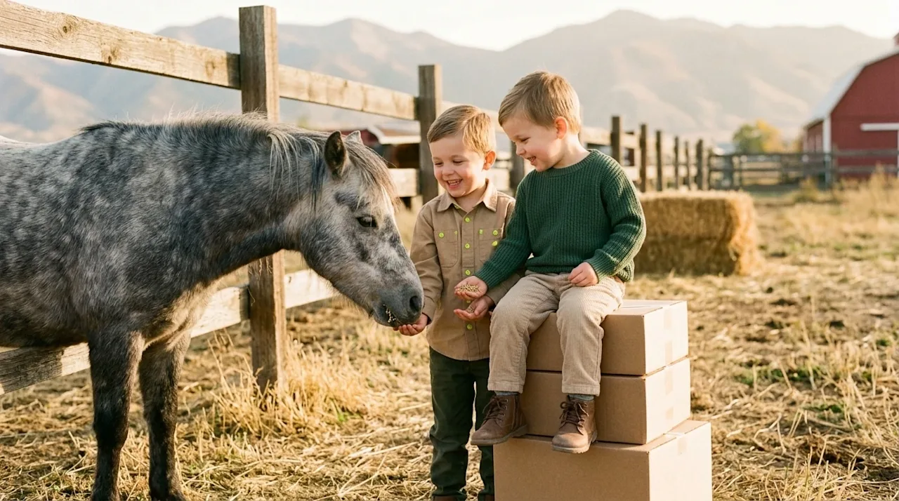 A candid, heartwarming lifestyle photograph of two young children joyfully feeding a gentle pony on a sunny, rustic farm. The