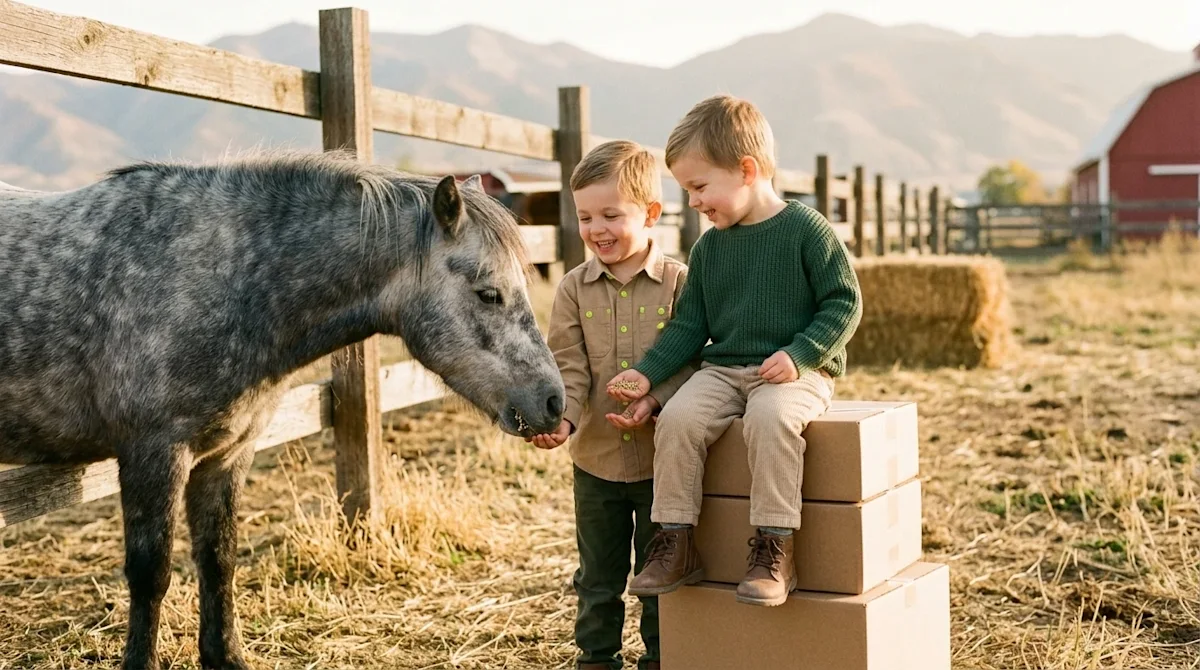 A candid, heartwarming lifestyle photograph of two young children joyfully feeding a gentle pony on a sunny, rustic farm. The