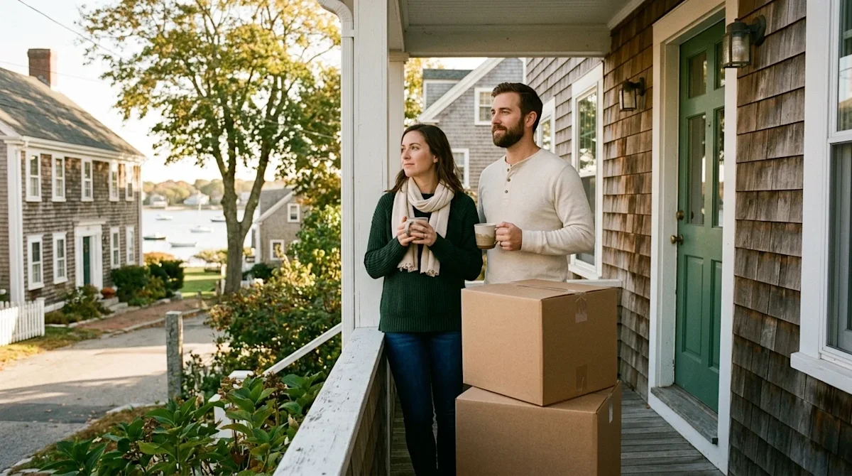 A high-quality lifestyle photograph capturing a thoughtful couple standing on the porch of a classic New England shingle-styl