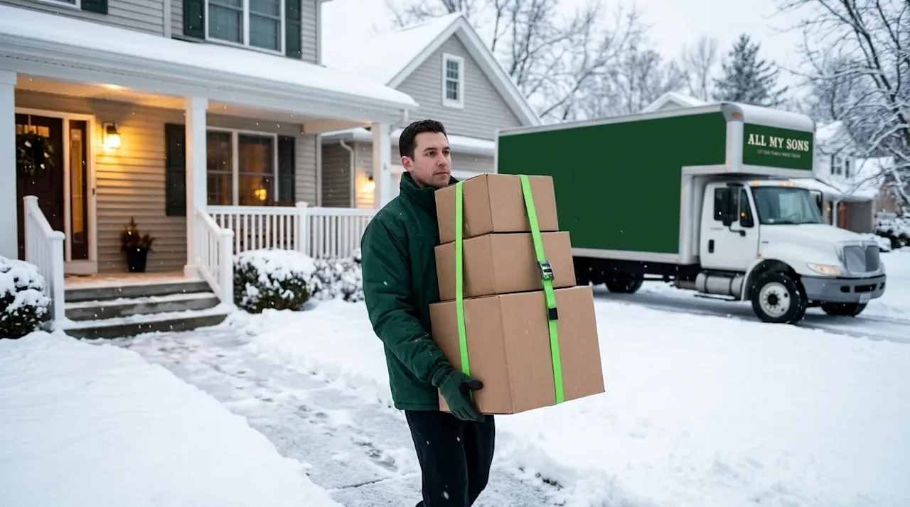 High-quality commercial photography, wide-angle shot ideal for a blog hero image. A professional mover wearing a heavy dark f