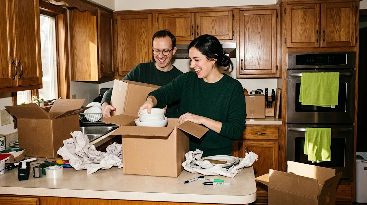 A candid lifestyle photograph of a couple unpacking brown kraft cardboard moving boxes in a warm, welcoming home kitchen. The