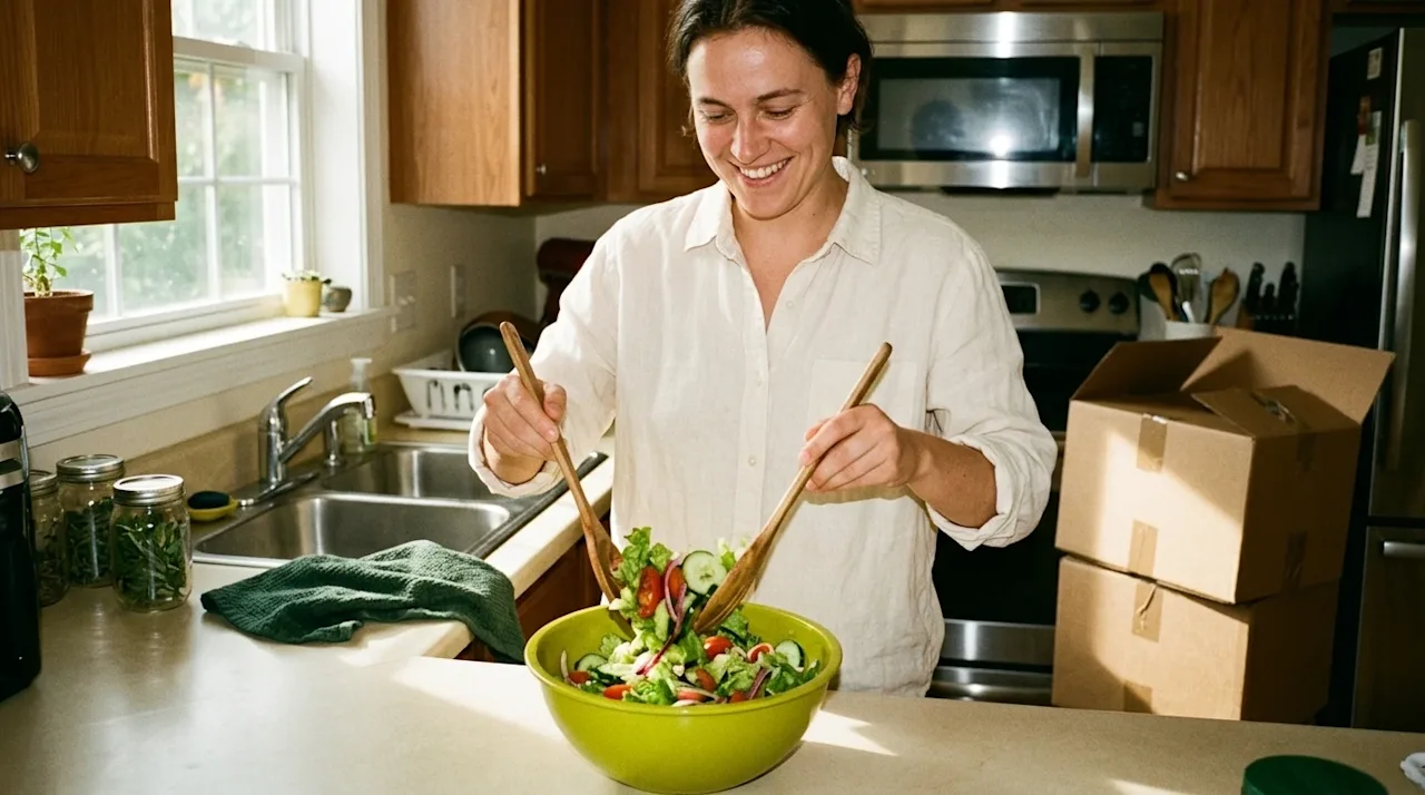Candid 35mm film photography of a smiling person in a bright home kitchen preparing a refreshing summer meal, tossing a crisp
