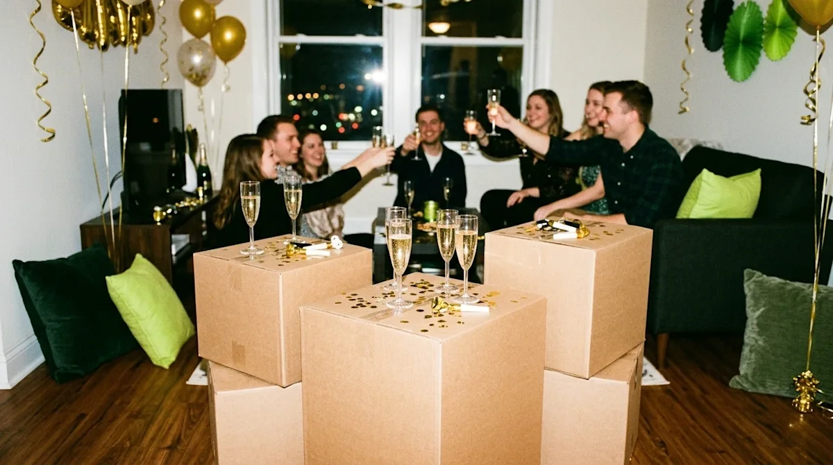 Candid 35mm film lifestyle photography of a festive New Year's Eve party in a cozy Cincinnati apartment, capturing the joy of