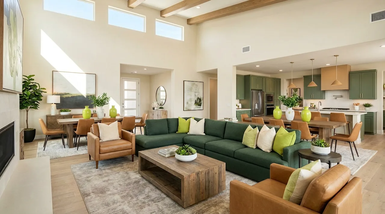 Modern open concept great room featuring a forest green sectional, tan leather armchairs, and high ceilings.