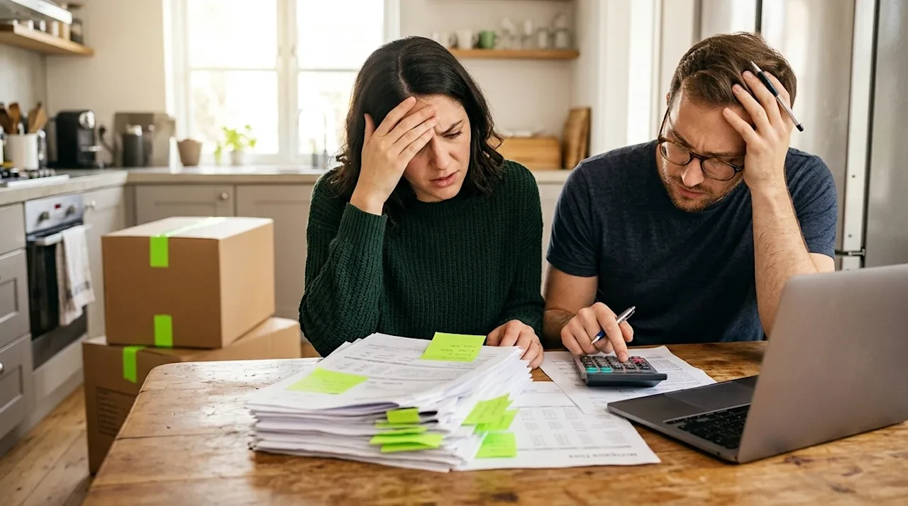 Professional marketing lifestyle photography of a young couple sitting at a warm wood kitchen table, looking stressed and ove