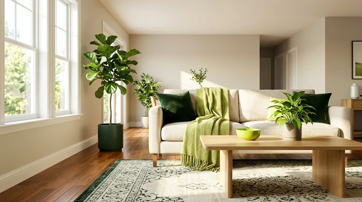 Professional marketing photography of a perfectly staged, welcoming living room interior, designed for a home sale. The space