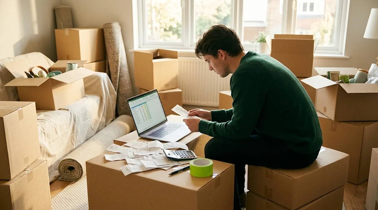 A candid, realistic photograph of a person reviewing moving expenses in a partially packed home. The person is sitting on a s