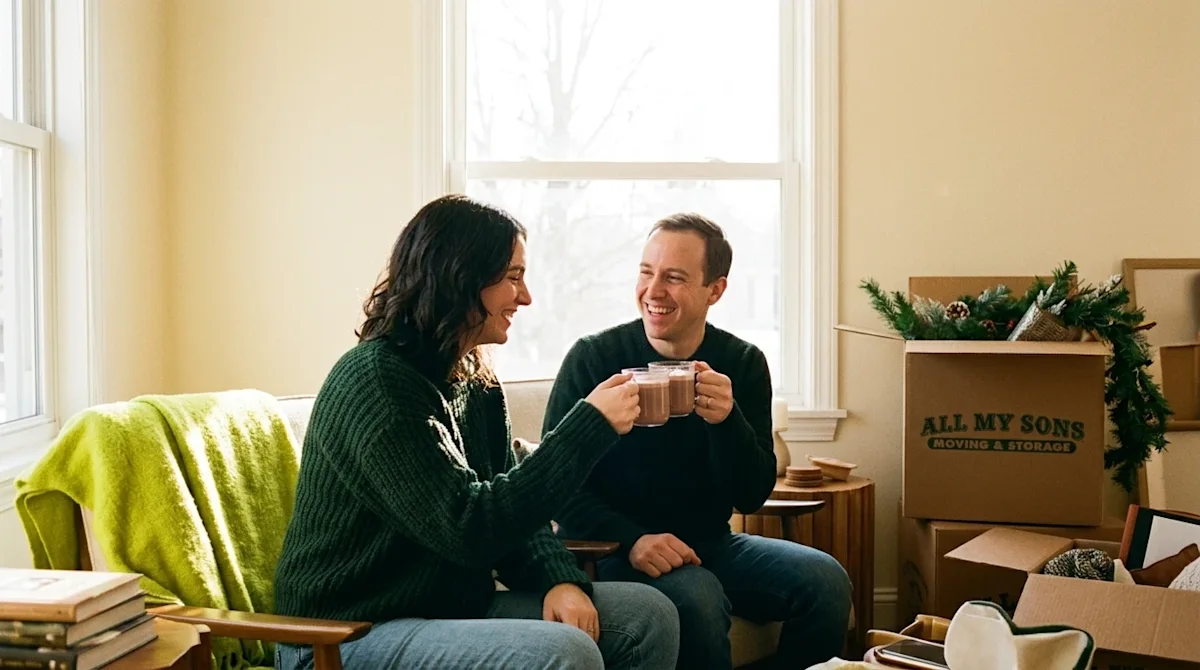 Candid lifestyle photography of a happy couple celebrating a fresh start in January inside their cozy, newly moved-in living