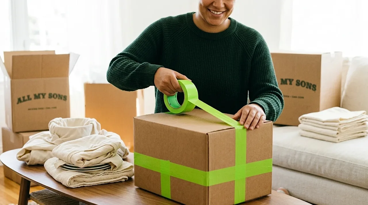 Lifestyle photography of a person demonstrating a clever moving and packing hack in a bright, sunlit home interior. The perso