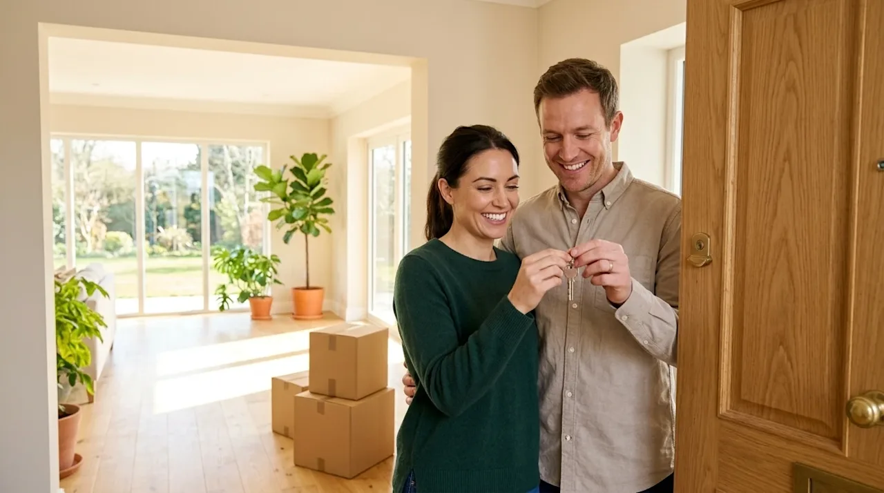 Professional marketing photography of a happy couple standing in the sunlit entryway of a beautiful, modern new home, admirin