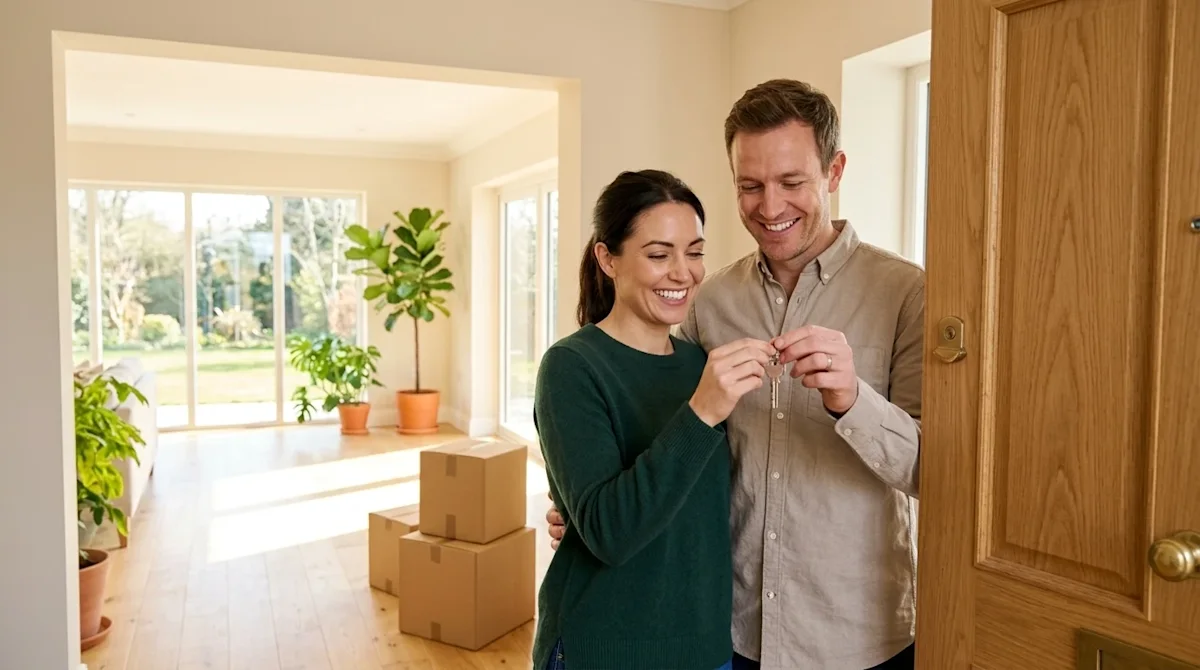 Professional marketing photography of a happy couple standing in the sunlit entryway of a beautiful, modern new home, admirin