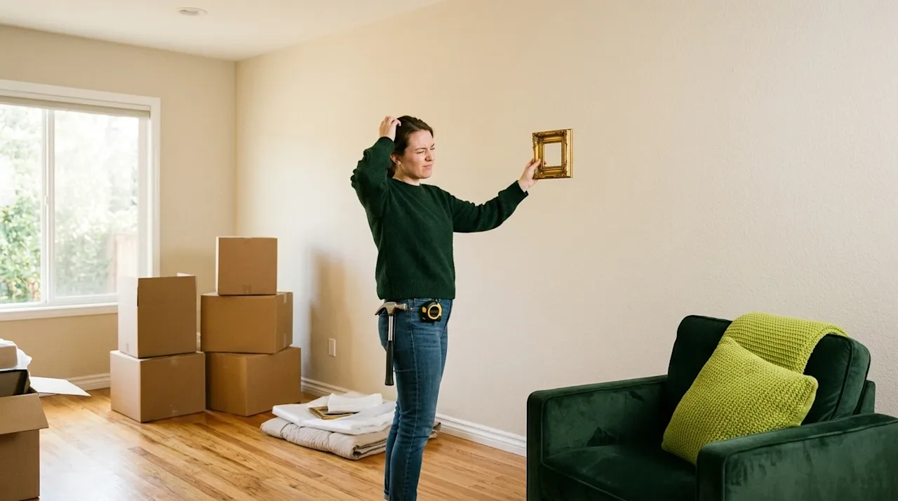 A candid lifestyle photograph for a home decorating blog demonstrating a classic interior design mistake. A confused homeowne