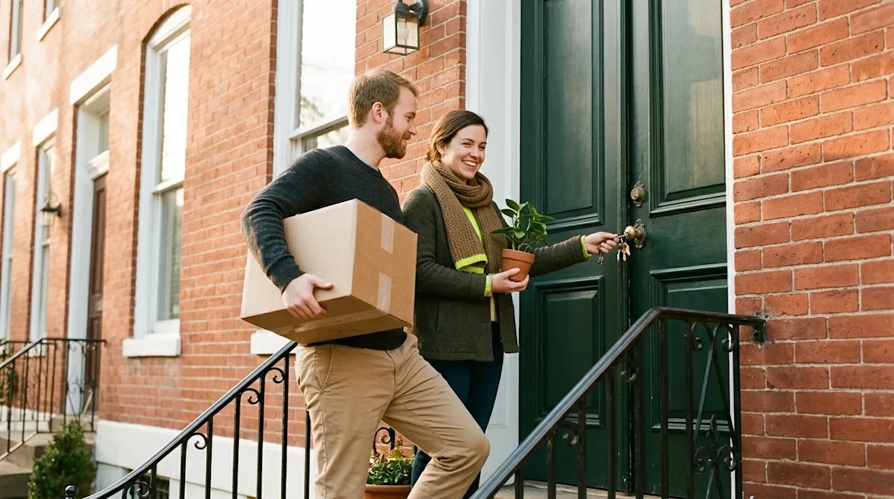 Candid, warm lifestyle film photography, 35mm aesthetic. A happy couple standing on the front porch of a classic, historic re