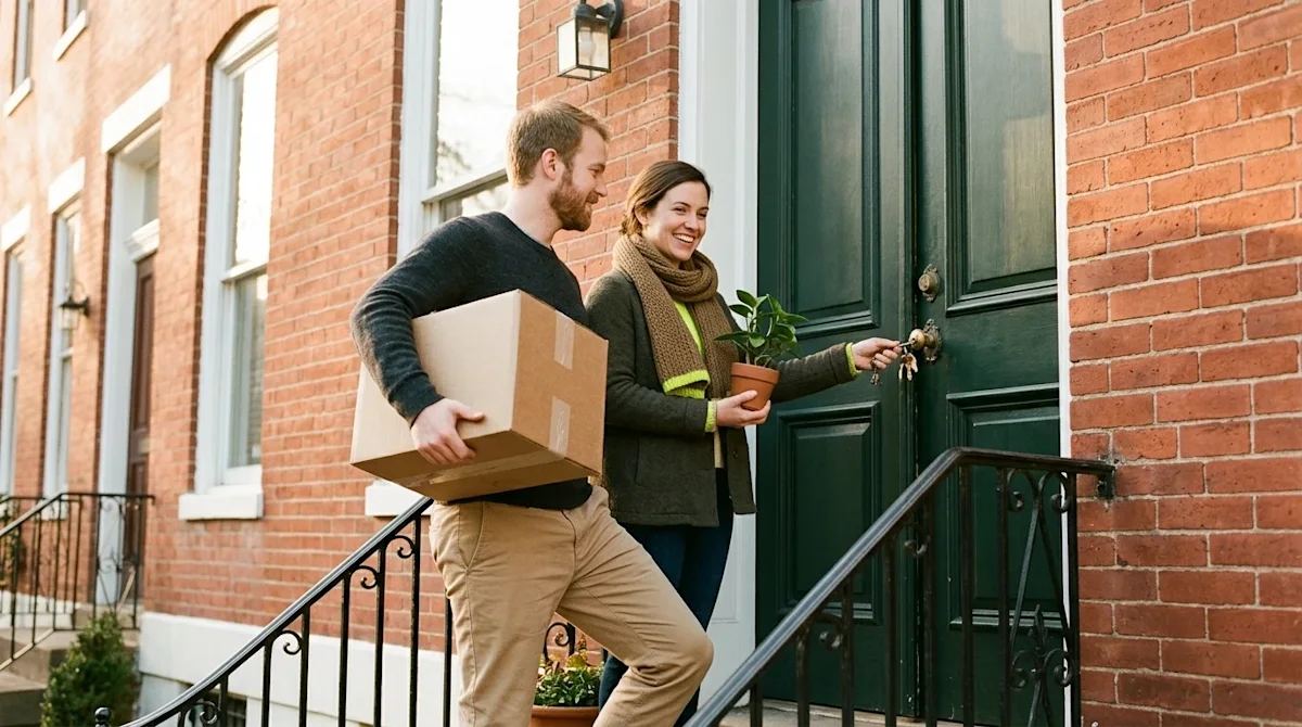 Candid, warm lifestyle film photography, 35mm aesthetic. A happy couple standing on the front porch of a classic, historic re