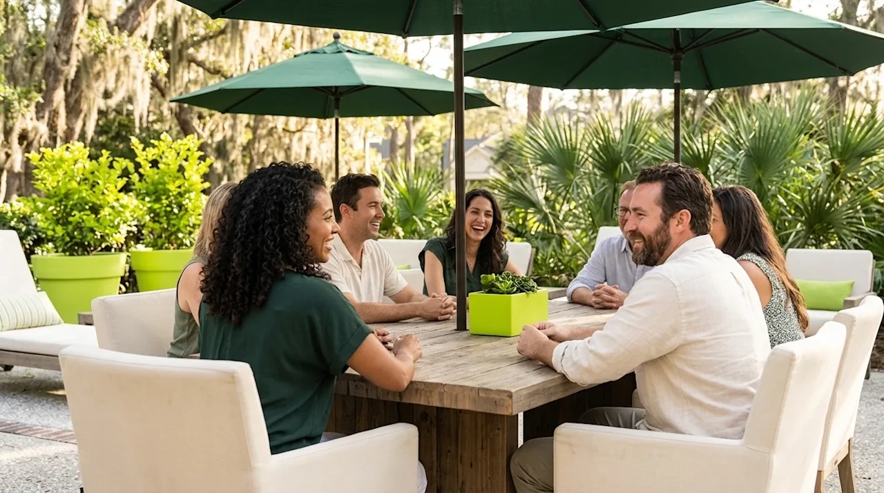 Professional lifestyle marketing photography of a diverse group of friendly adults socializing and laughing casually around a