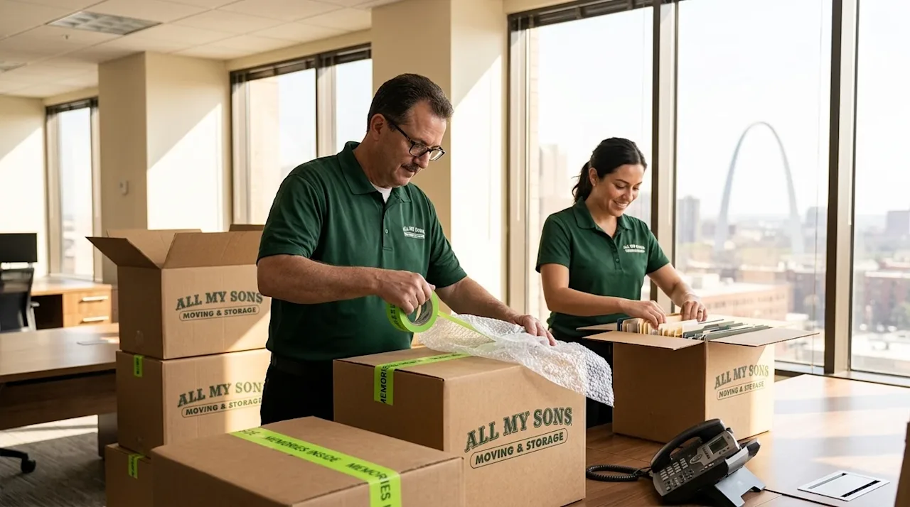 A high-quality, candid photograph of a professional moving team providing corporate packing services inside a bright, modern