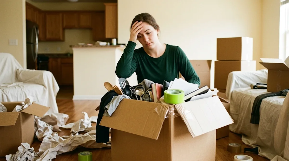 A candid lifestyle photograph illustrating a moving mistake, featuring a slightly stressed person looking overwhelmed next to