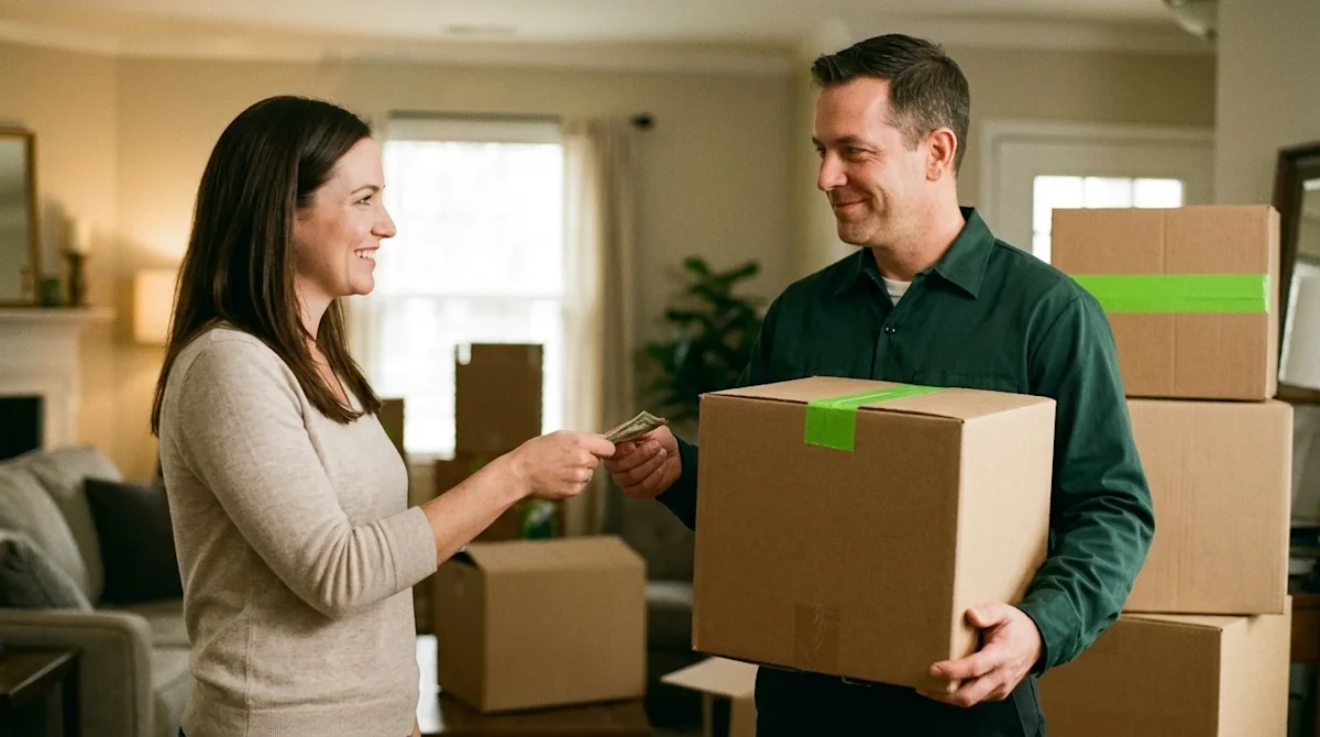 Candid lifestyle photography of a smiling homeowner expressing gratitude by handing a cash tip to a professional moving packe