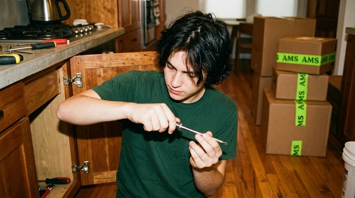 A candid, 35mm film style photograph of a new homeowner doing a common home repair. A relatable young person wearing a casual