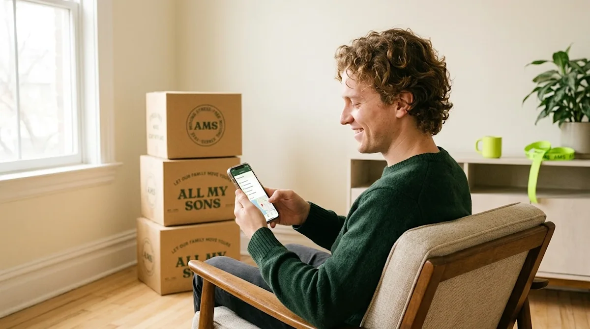 Professional marketing lifestyle photography of a relaxed, smiling young adult sitting in a brightly lit, cozy living room, a