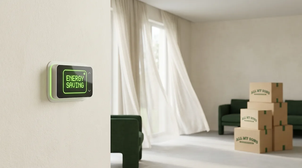 Smart thermostat showing energy saving mode in a modern room with All My Sons moving boxes and green furniture.
