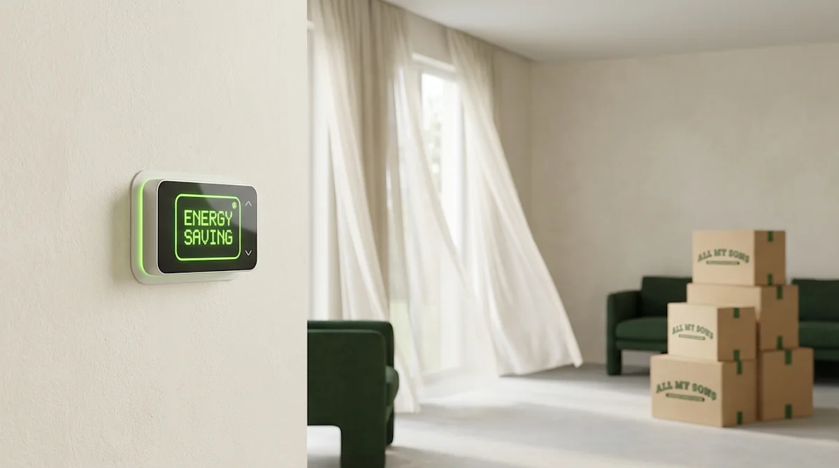 Smart thermostat showing energy saving mode in a modern room with All My Sons moving boxes and green furniture.