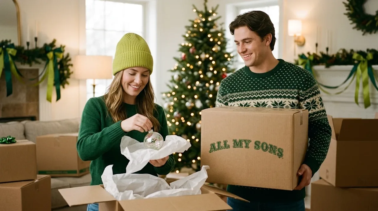 Candid lifestyle photography, 35mm film aesthetic. A warm, cozy living room during the winter holidays. A cheerful young coup