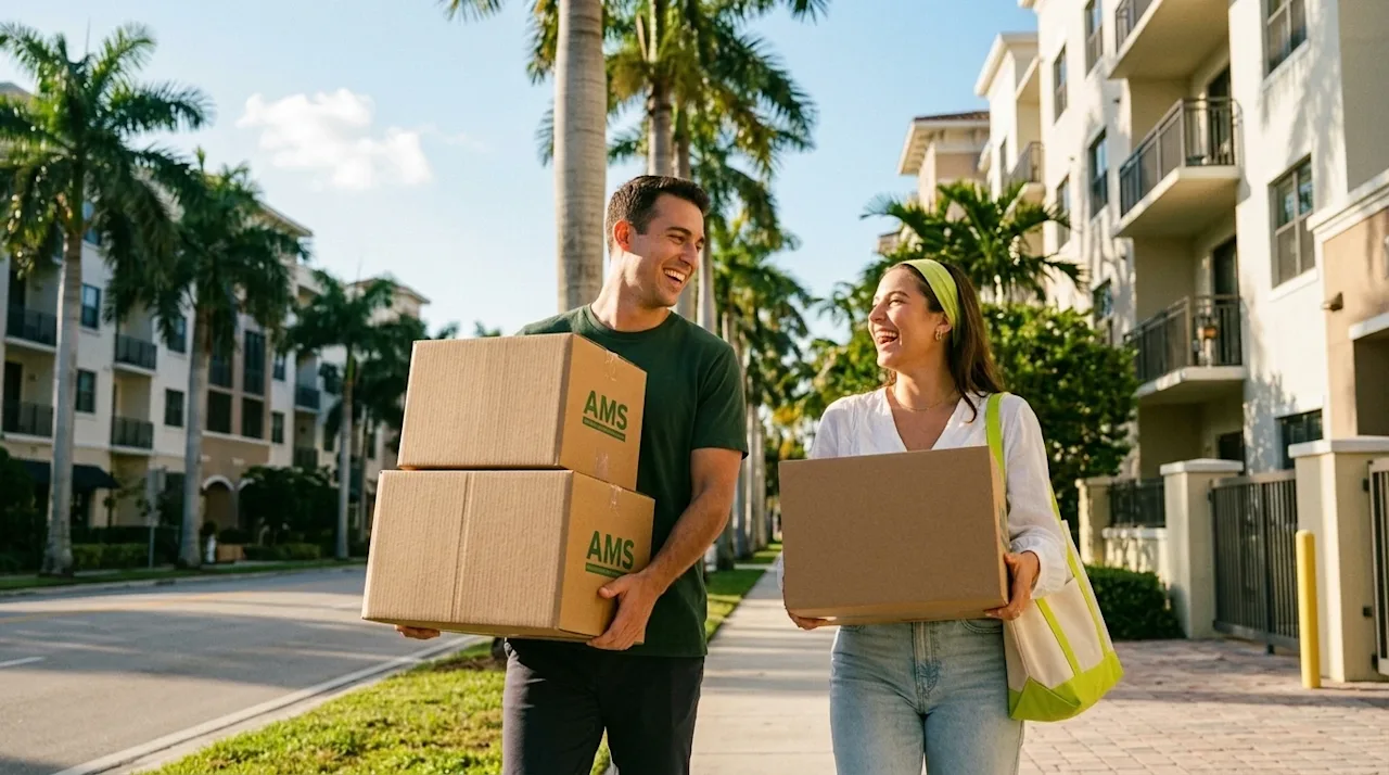 Candid lifestyle photography, 35mm film aesthetic. A stylish young professional couple in their late 20s happily carrying a f