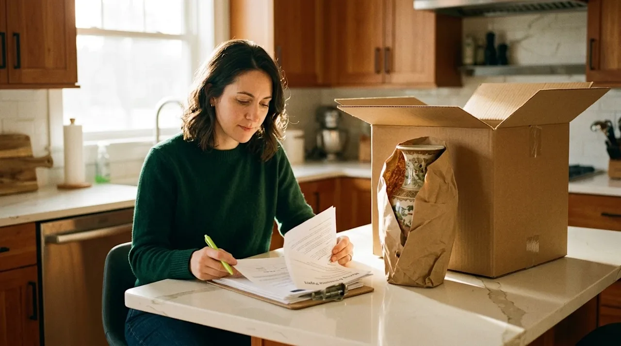 Authentic 35mm film photography, candid lifestyle shot of a homeowner sitting at a cream-colored kitchen island, thoughtfully