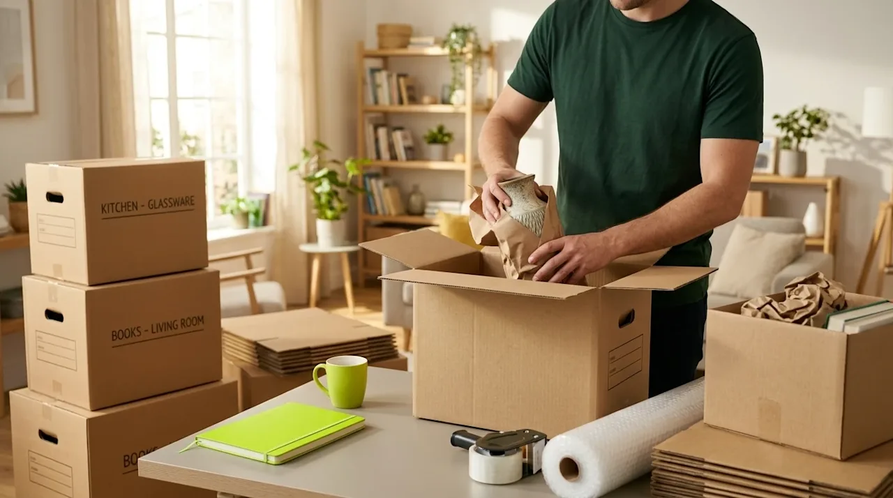 High-quality lifestyle photography of an organized, stress-free packing process for a home move. A person is efficiently wrap