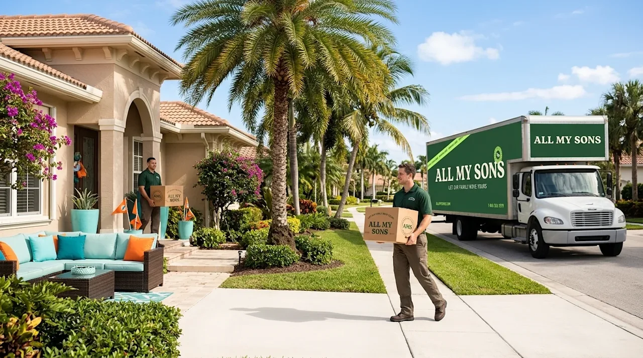 High-quality commercial photography of a professional moving day in a sunny Miami neighborhood. Friendly, professional movers