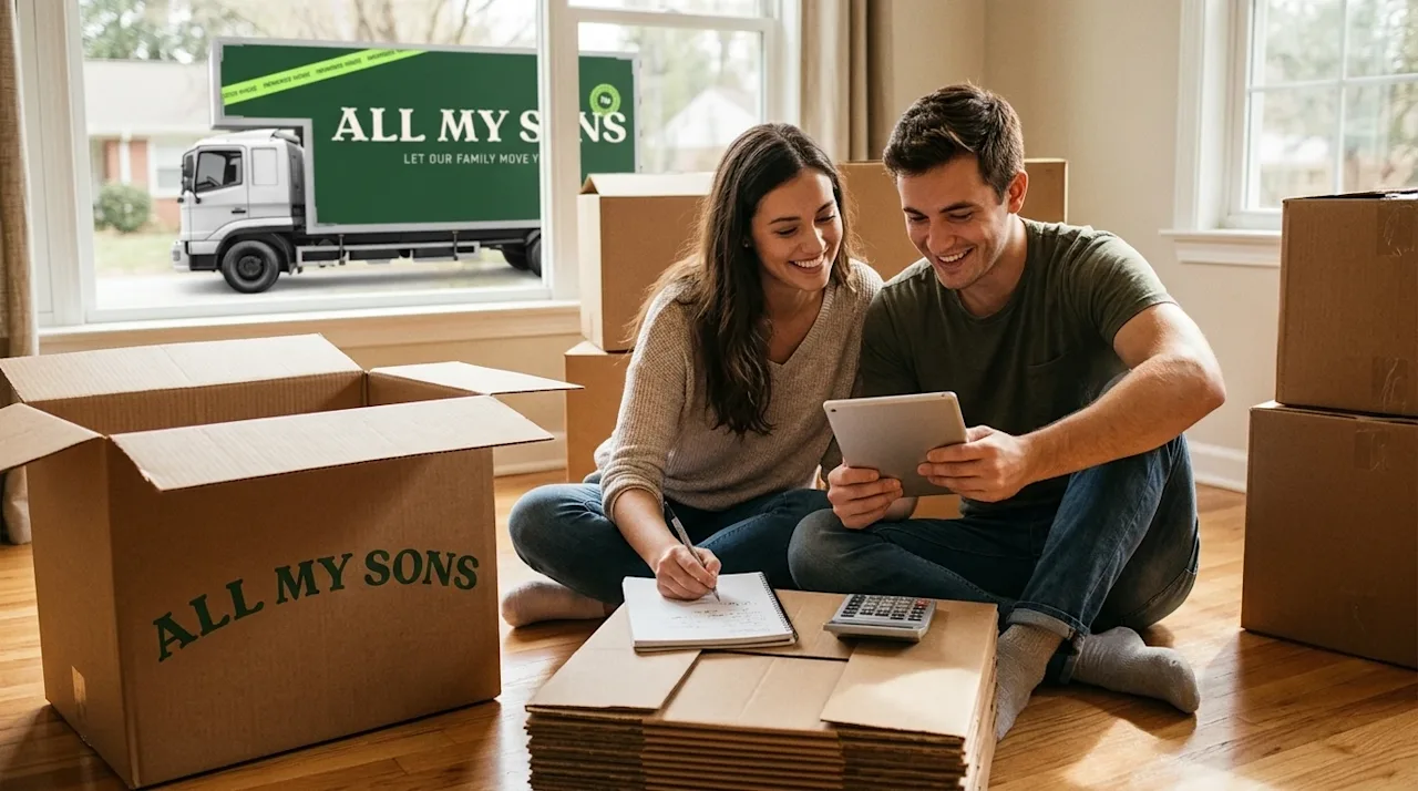 A candid, lifestyle documentary-style photograph of a young couple happily planning their moving budget to keep costs low. Th