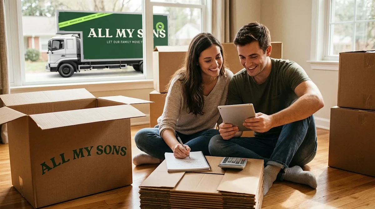 A candid, lifestyle documentary-style photograph of a young couple happily planning their moving budget to keep costs low. Th