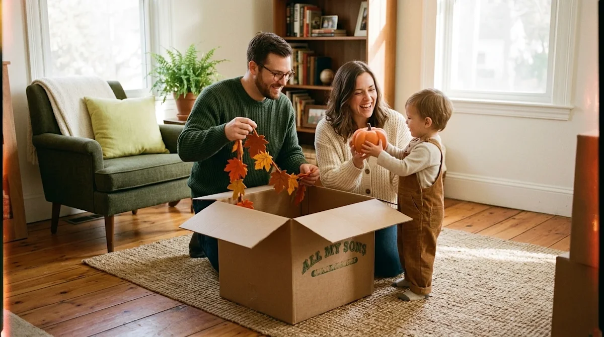 Candid lifestyle film photography of a family in a cozy living room, happily unpacking seasonal autumn decorations from a kra