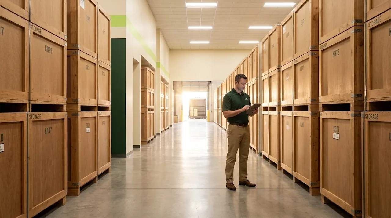 Professional commercial photography of the interior of a clean, expansive, climate-controlled storage and warehousing facilit