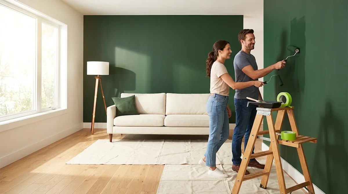 Clear, professional marketing photography of a bright, modern living room undergoing a high-ROI home improvement project. A c