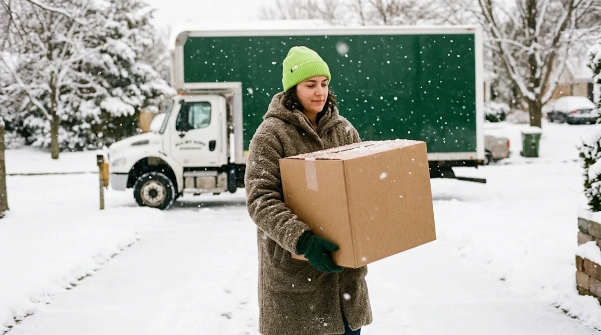 Authentic lifestyle photography, shot on 35mm film, capturing a winter moving day. A person warmly dressed in a thick winter